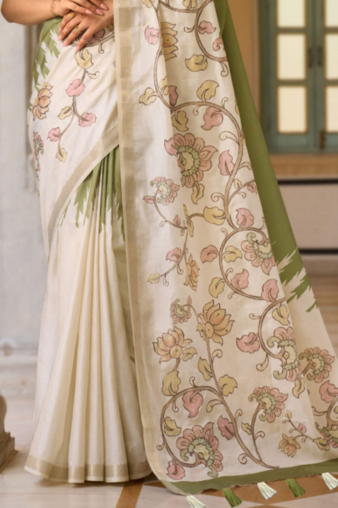 Tan Green Tusser Silk Saree