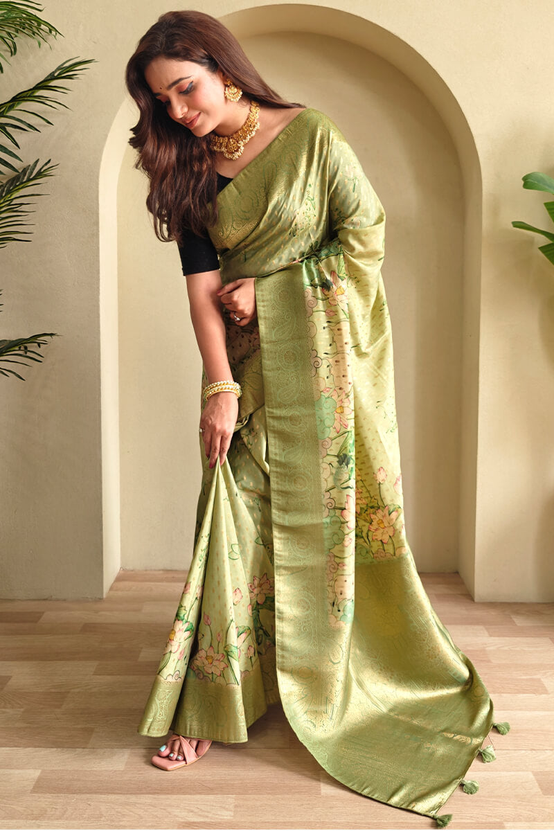 Tan Green Viscose Georgette Printed Banarasi Silk saree