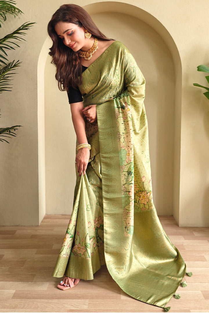 Tan Green Viscose Georgette Printed Banarasi Silk saree