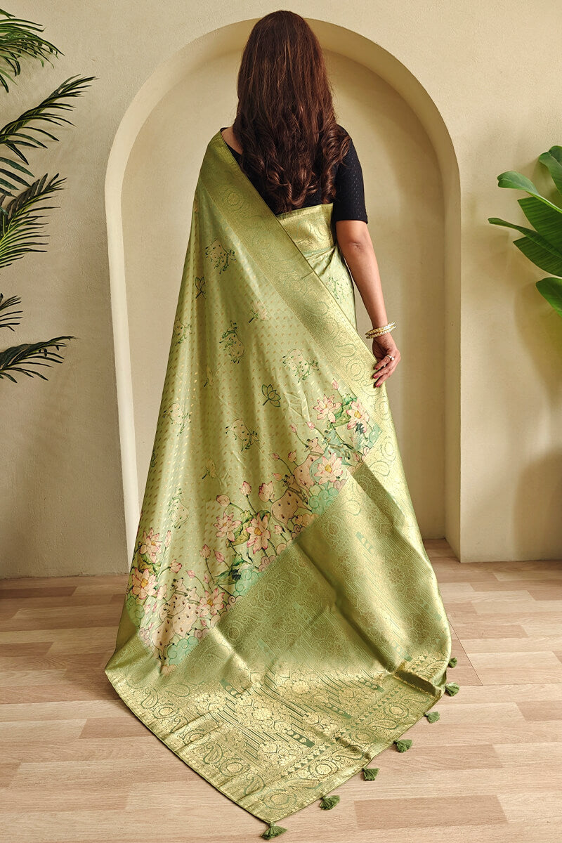 Tan Green Viscose Georgette Printed Banarasi Silk saree