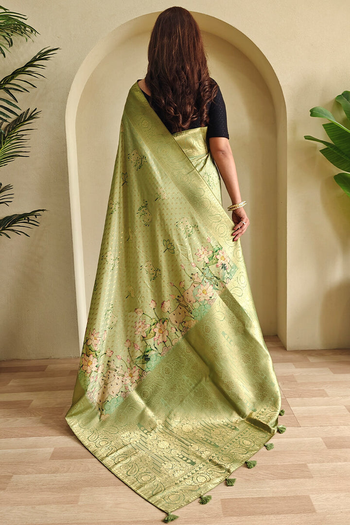 Tan Green Viscose Georgette Printed Banarasi Silk saree