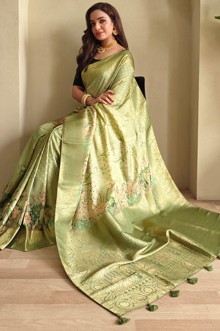 Tan Green Viscose Georgette Printed Banarasi Silk saree