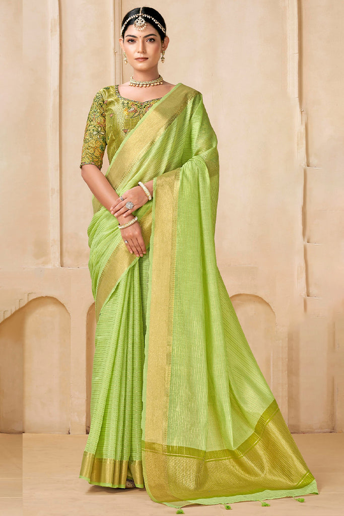 Tan Green Viscose Spun Saree with Embroidery Blouse Piece