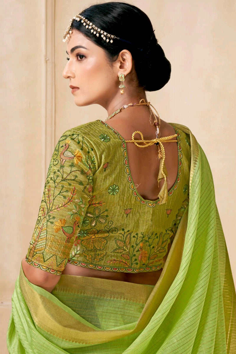 Tan Green Viscose Spun Saree with Embroidery Blouse Piece