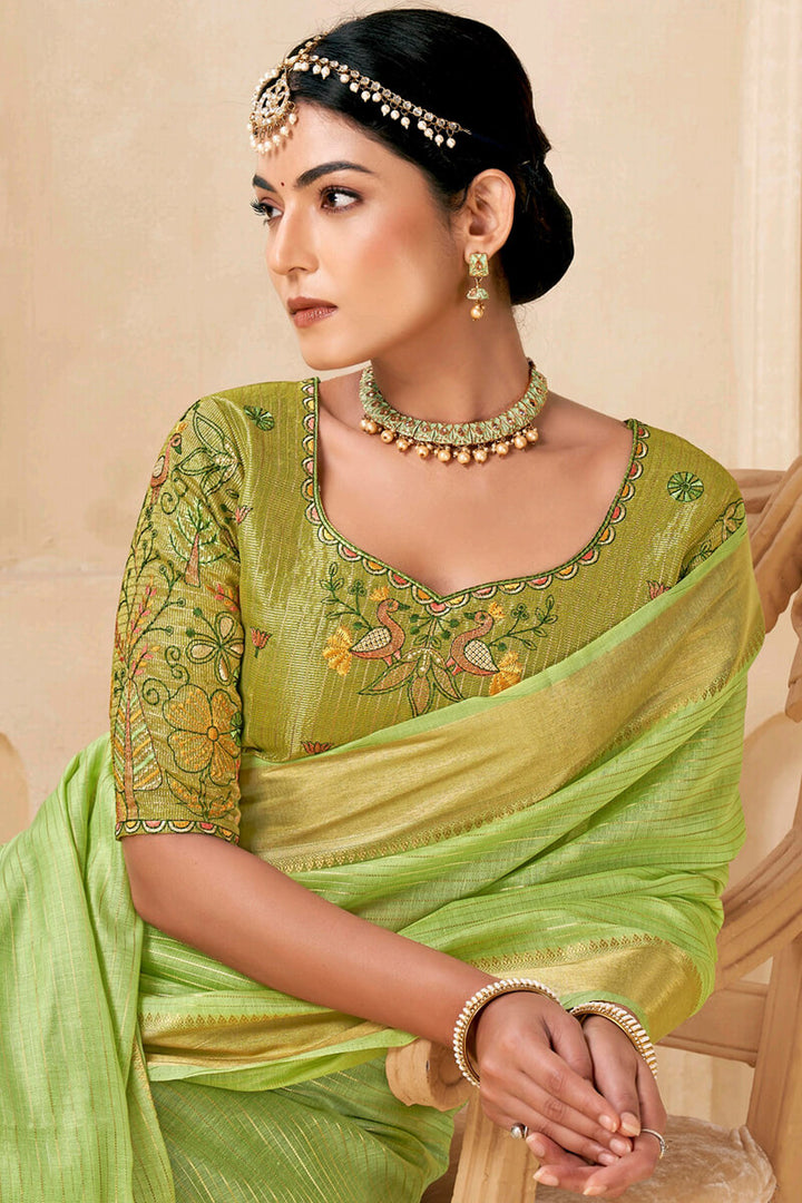 Tan Green Viscose Spun Saree with Embroidery Blouse Piece