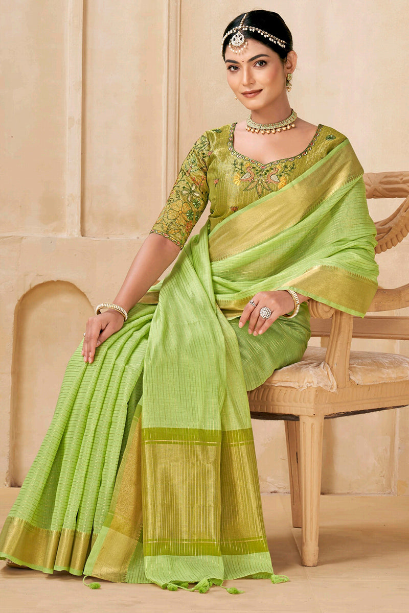 Tan Green Viscose Spun Saree with Embroidery Blouse Piece