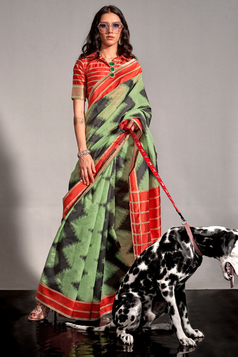 Tan Green Woven Soft Silk Saree