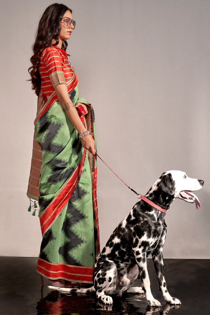 Tan Green Woven Soft Silk Saree