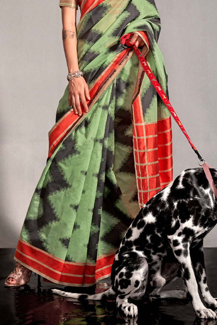 Tan Green Woven Soft Silk Saree