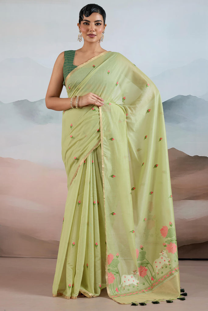 Tan Green Woven Spun Cotton Saree