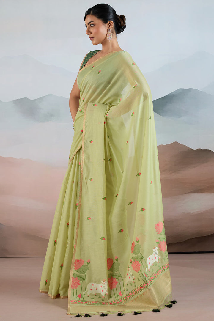 Tan Green Woven Spun Cotton Saree