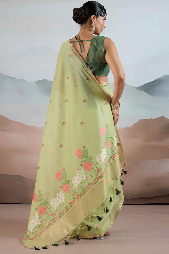 Tan Green Woven Spun Cotton Saree
