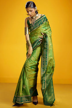 Tan Green Zari Handloom Soft Banarasi Silk Saree