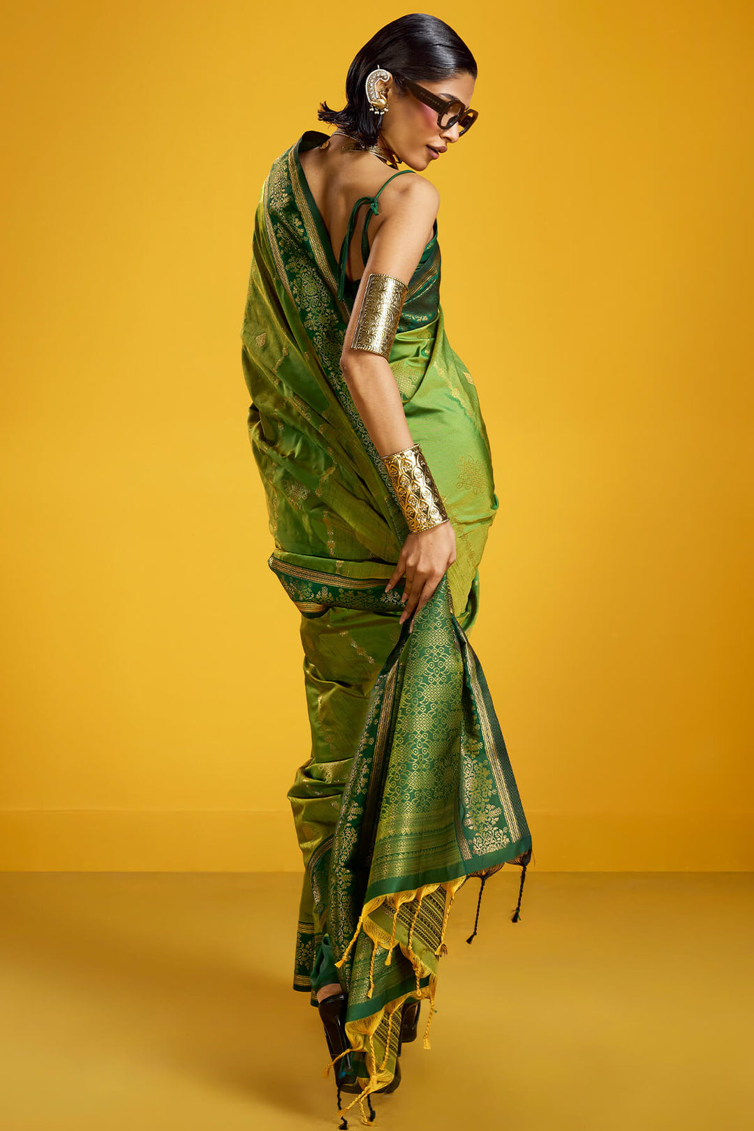 Tan Green Zari Handloom Soft Banarasi Silk Saree
