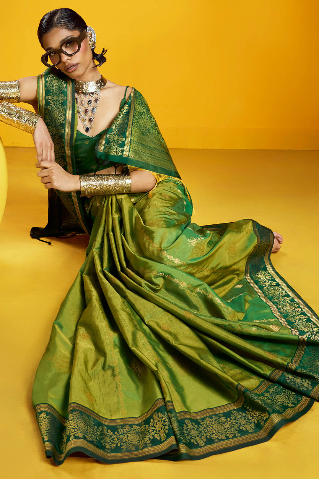Tan Green Zari Handloom Soft Banarasi Silk Saree