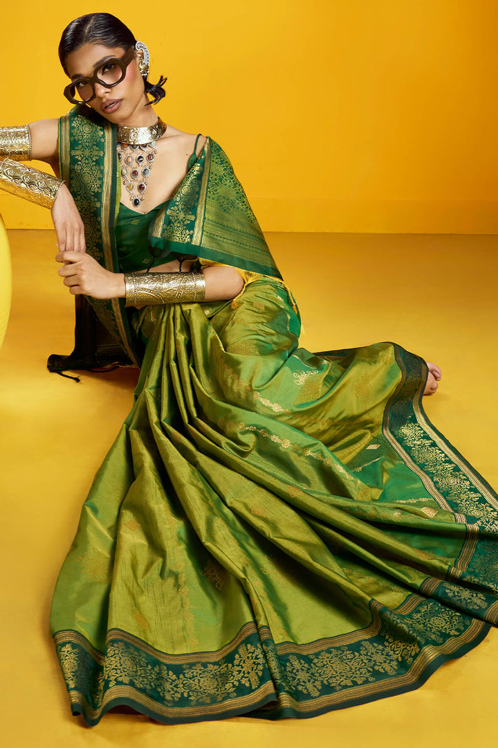 Tan Green Zari Handloom Soft Banarasi Silk Saree