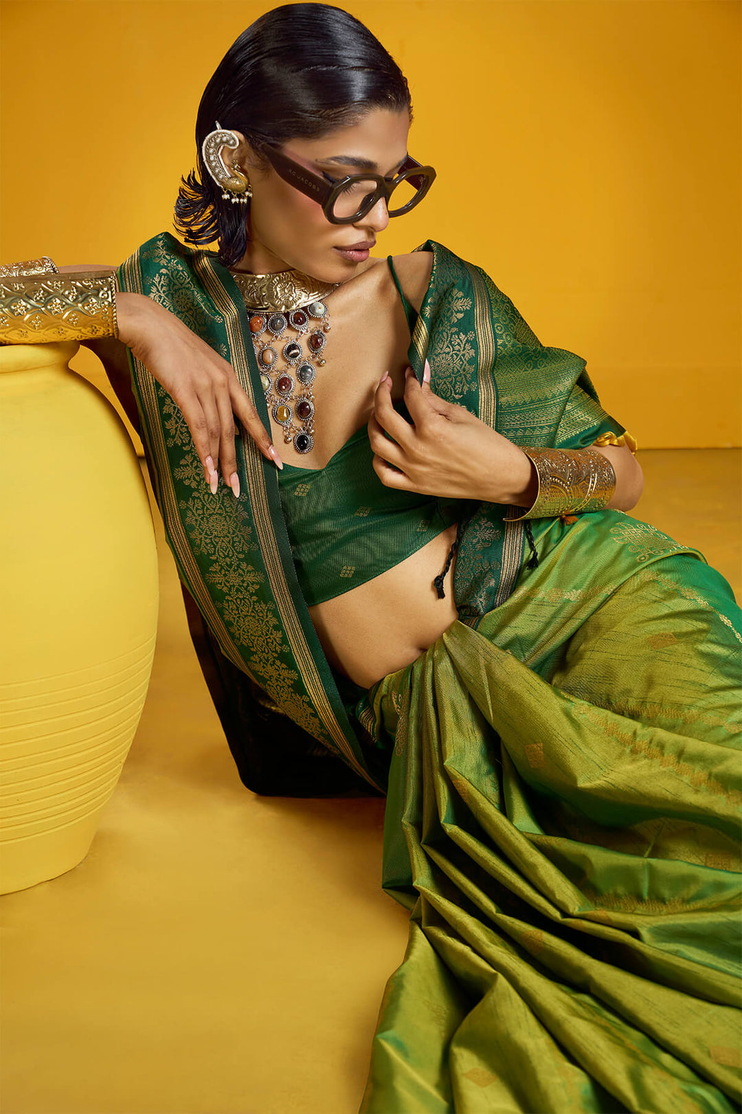 Tan Green Zari Handloom Soft Banarasi Silk Saree