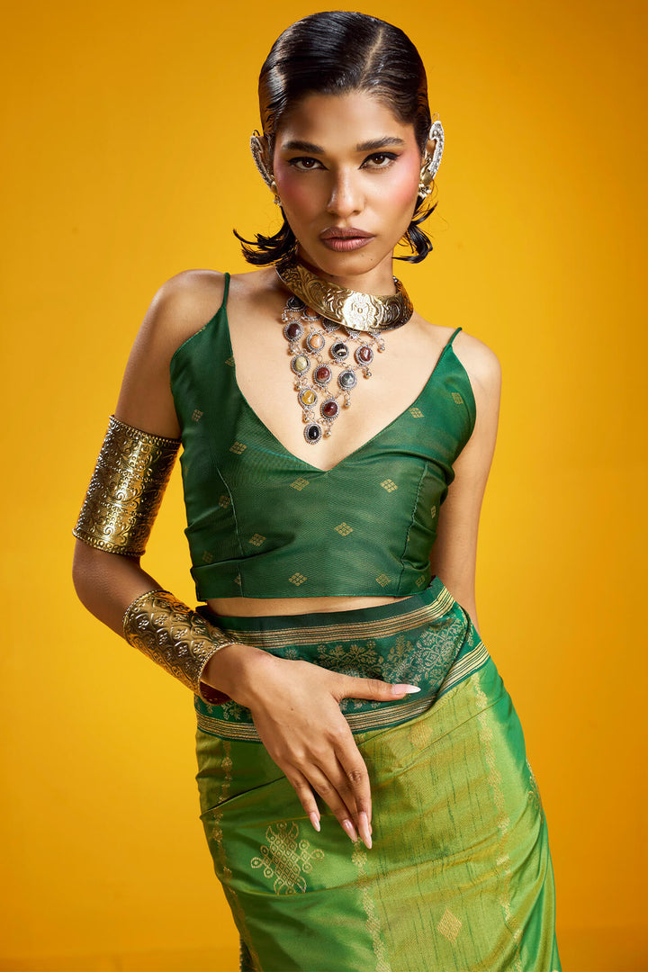 Tan Green Zari Handloom Soft Banarasi Silk Saree