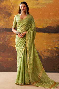 Tan Green Zari Woven Cotton Silk Saree