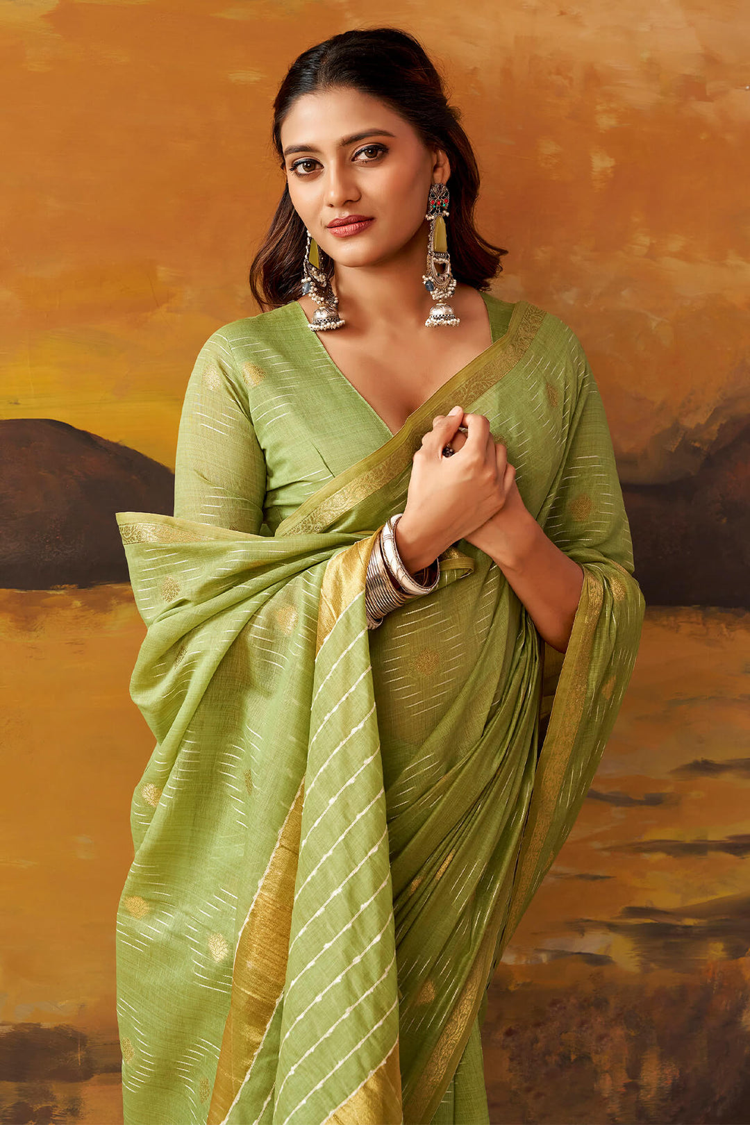 Tan Green Zari Woven Cotton Silk Saree