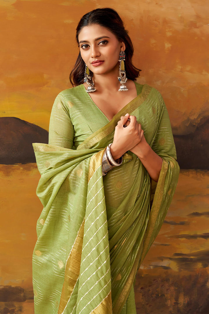 Tan Green Zari Woven Cotton Silk Saree