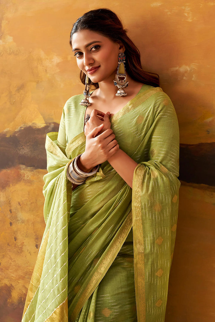 Tan Green Zari Woven Cotton Silk Saree