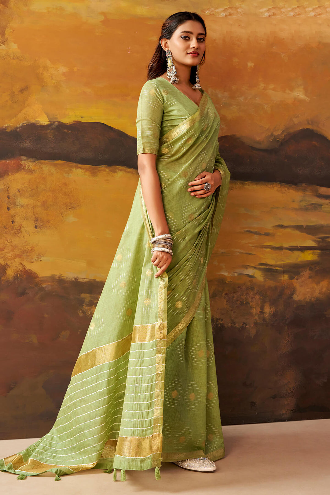 Tan Green Zari Woven Cotton Silk Saree