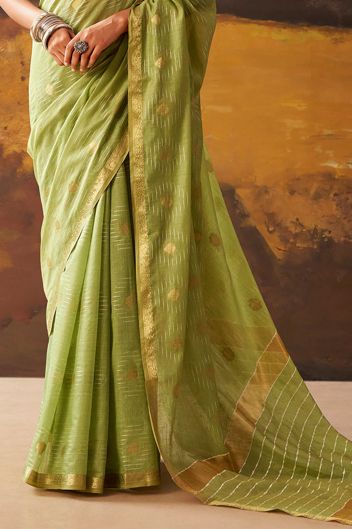 Tan Green Zari Woven Cotton Silk Saree
