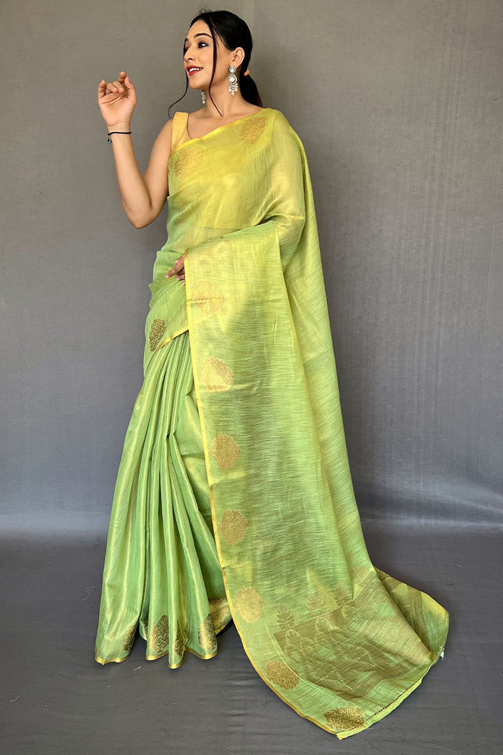 Tan Green Zari Woven Tissue silk Saree