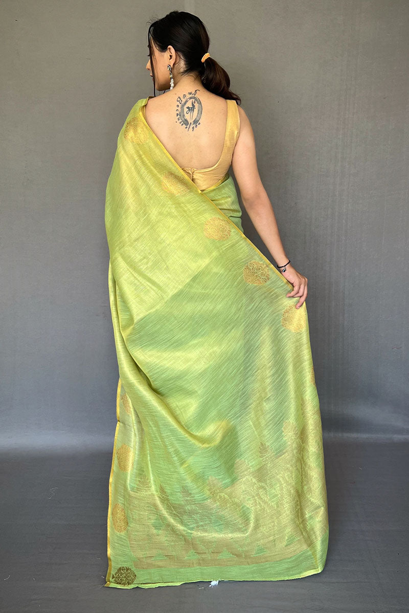 Tan Green Zari Woven Tissue silk Saree