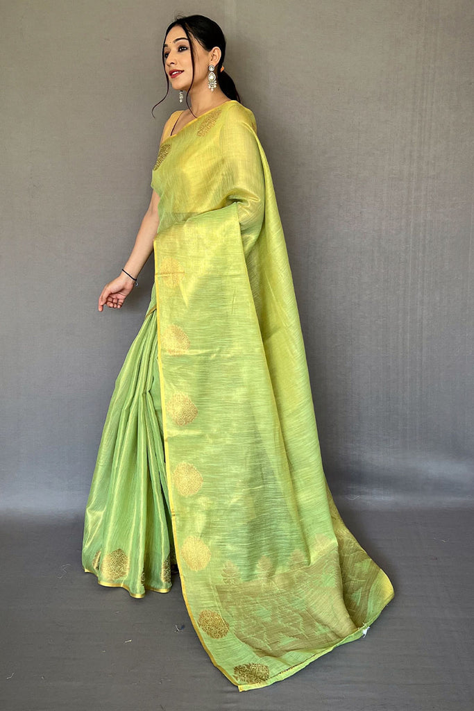 Tan Green Zari Woven Tissue silk Saree