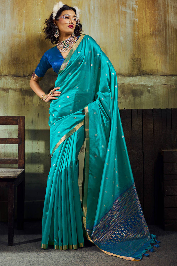 Teal Blue Banarasi Handloom silk saree