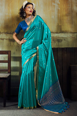 Teal Blue Banarasi Handloom silk saree