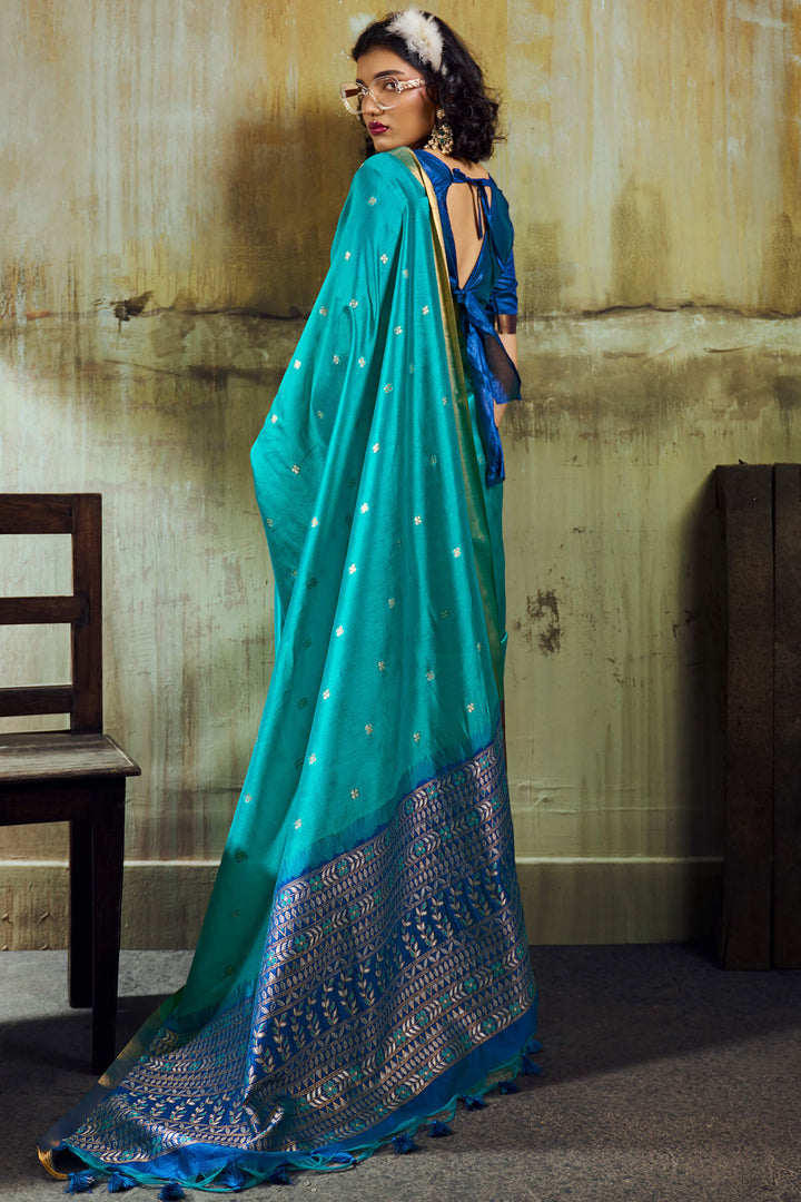 Teal Blue Banarasi Handloom silk saree