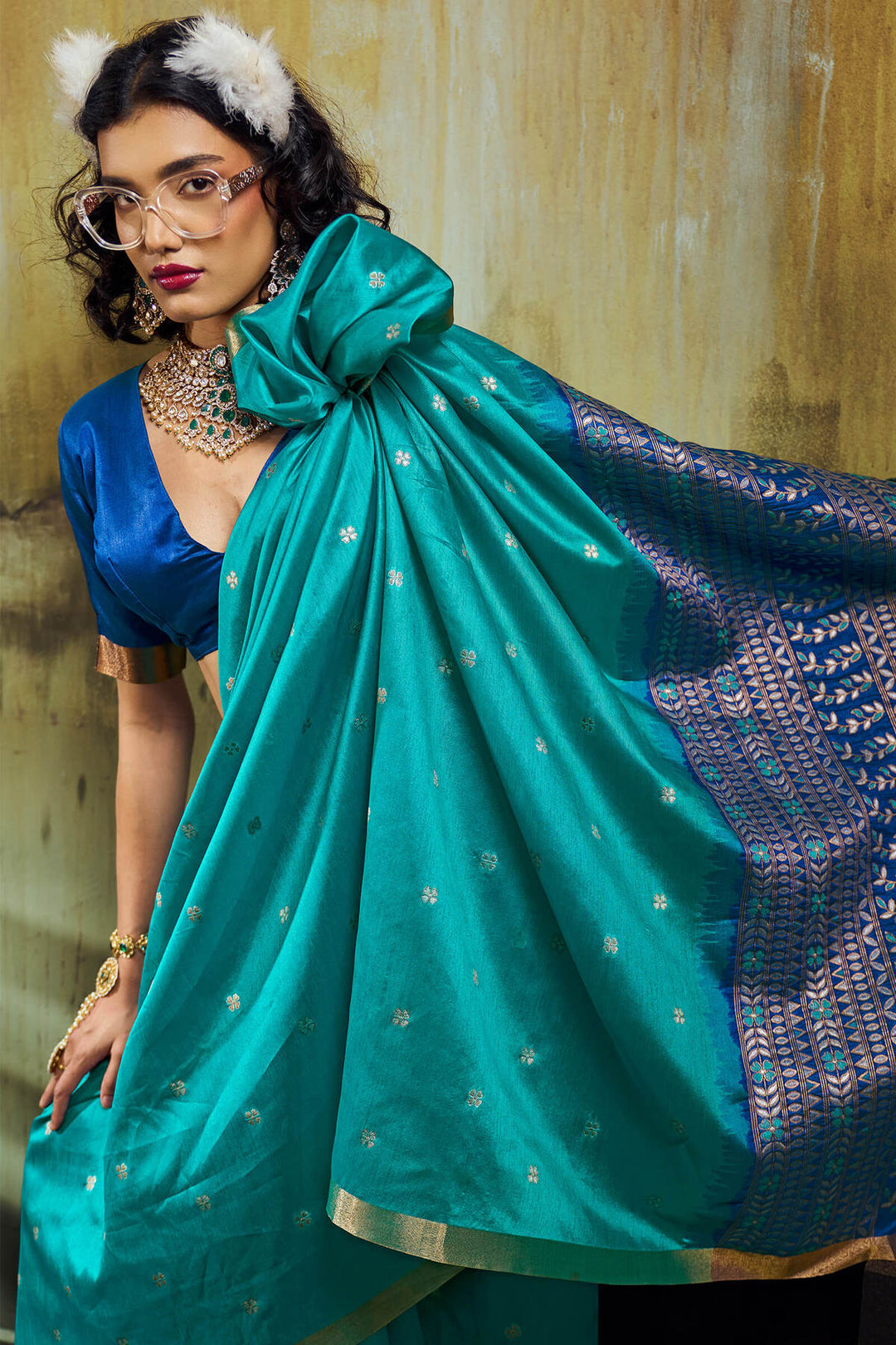 Teal Blue Banarasi Handloom silk saree