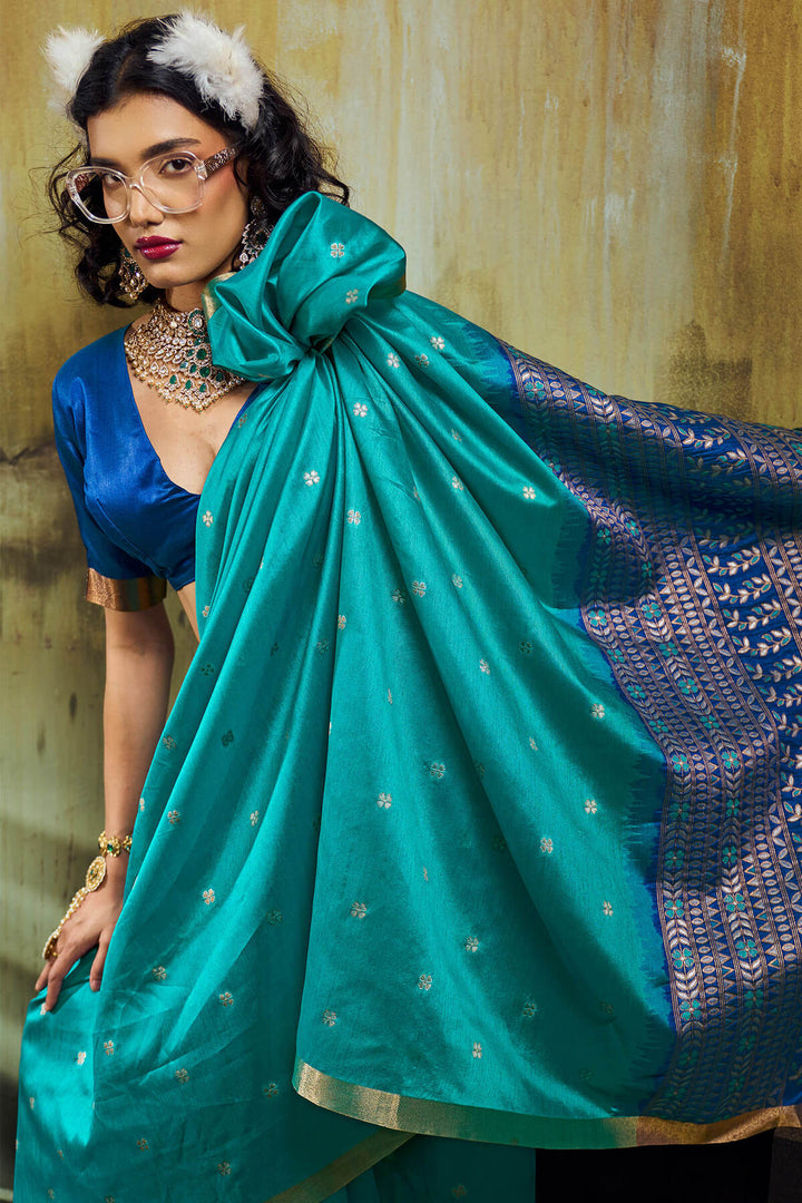 Teal Blue Banarasi Handloom silk saree