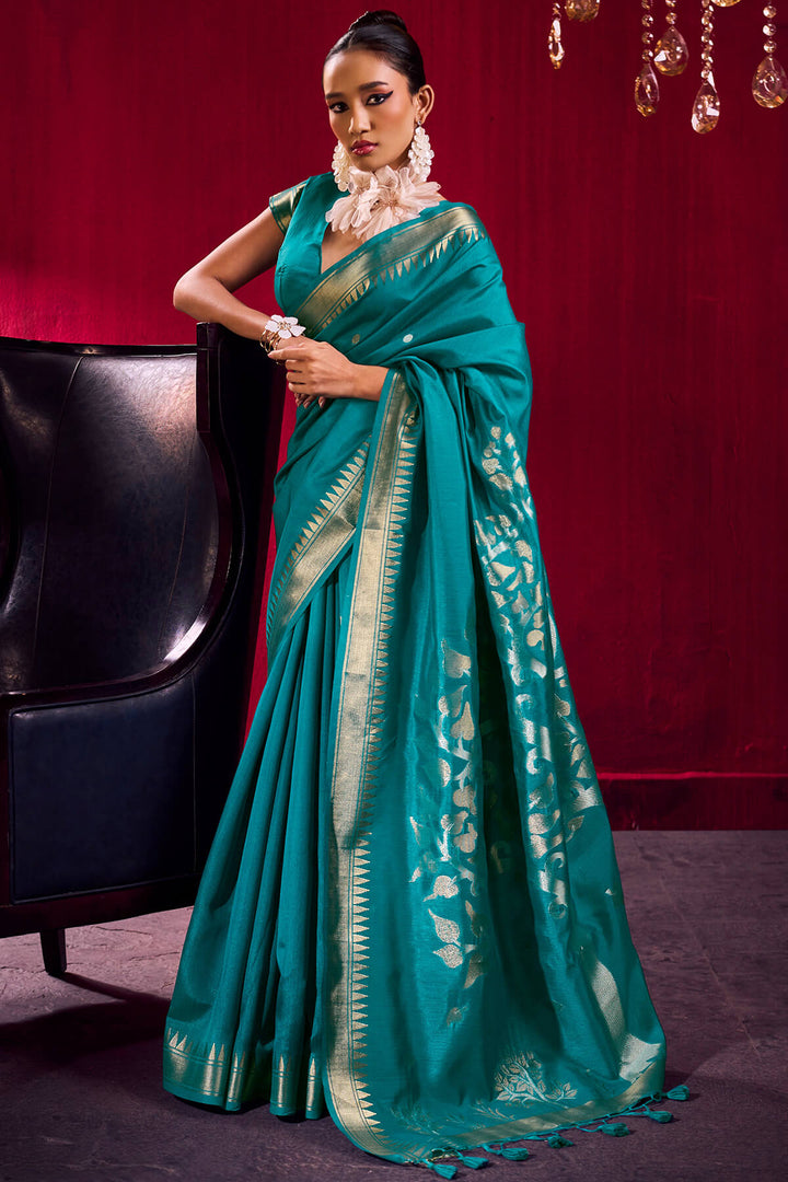 Teal Blue Banarasi Satin Linen Silk Saree