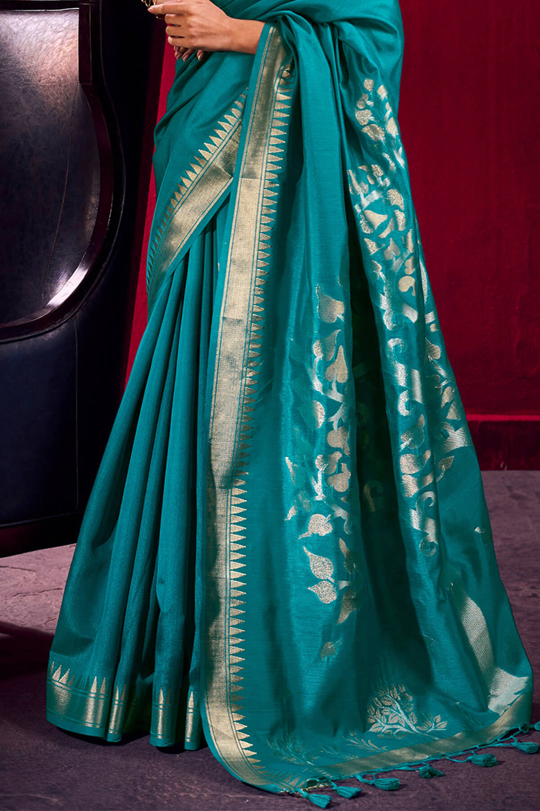 Teal Blue Banarasi Satin Linen Silk Saree
