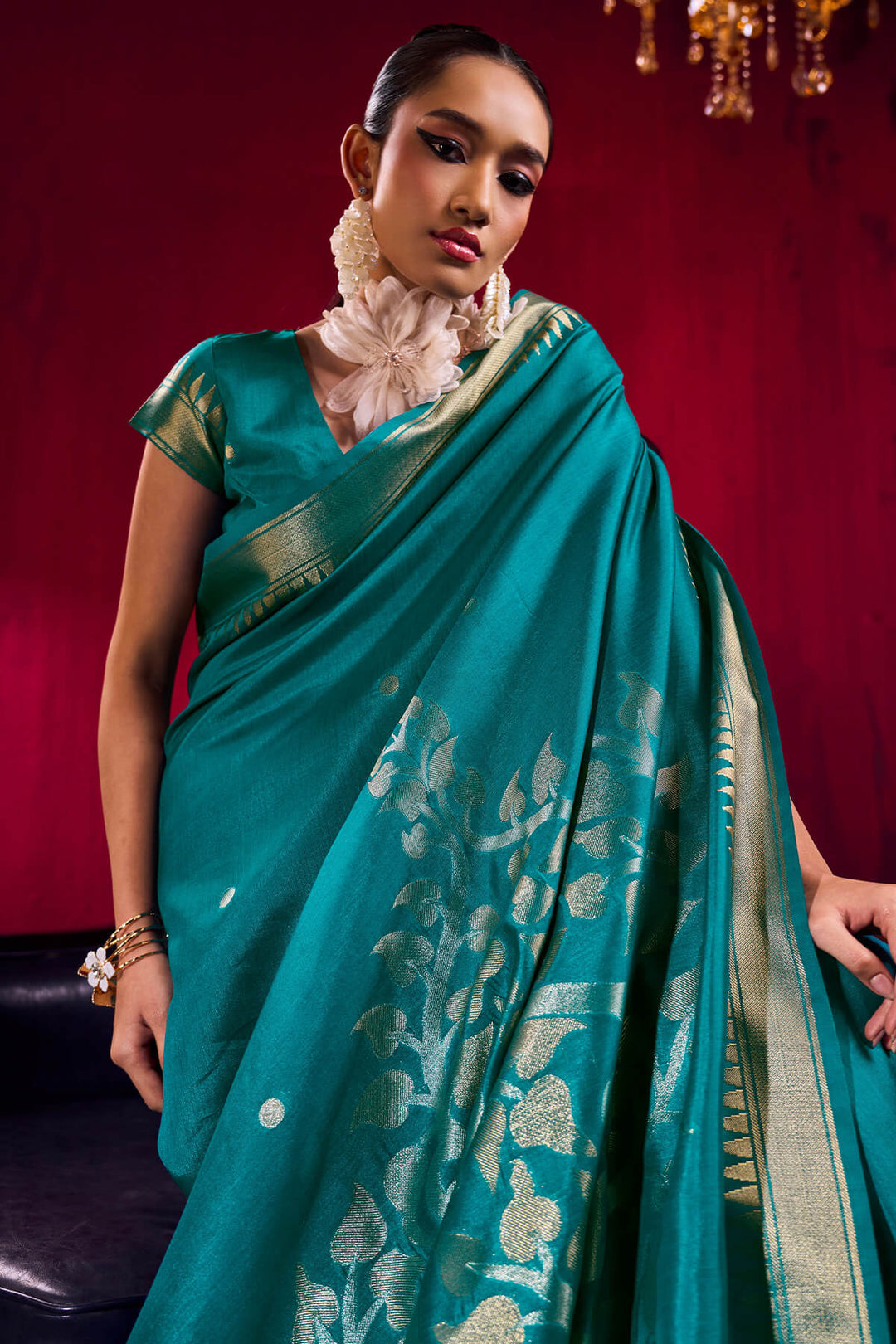 Teal Blue Banarasi Satin Linen Silk Saree