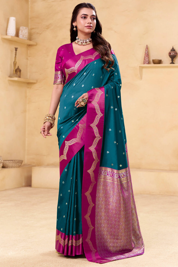 Teal Blue Banarasi Satin Silk Saree