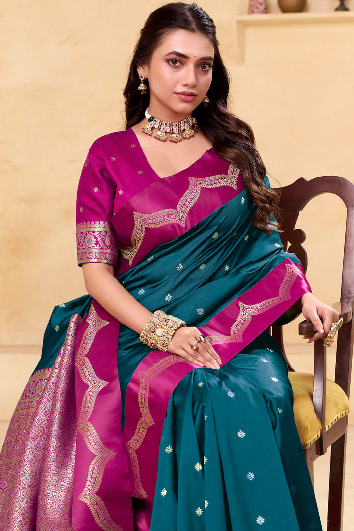 Teal Blue Banarasi Satin Silk Saree