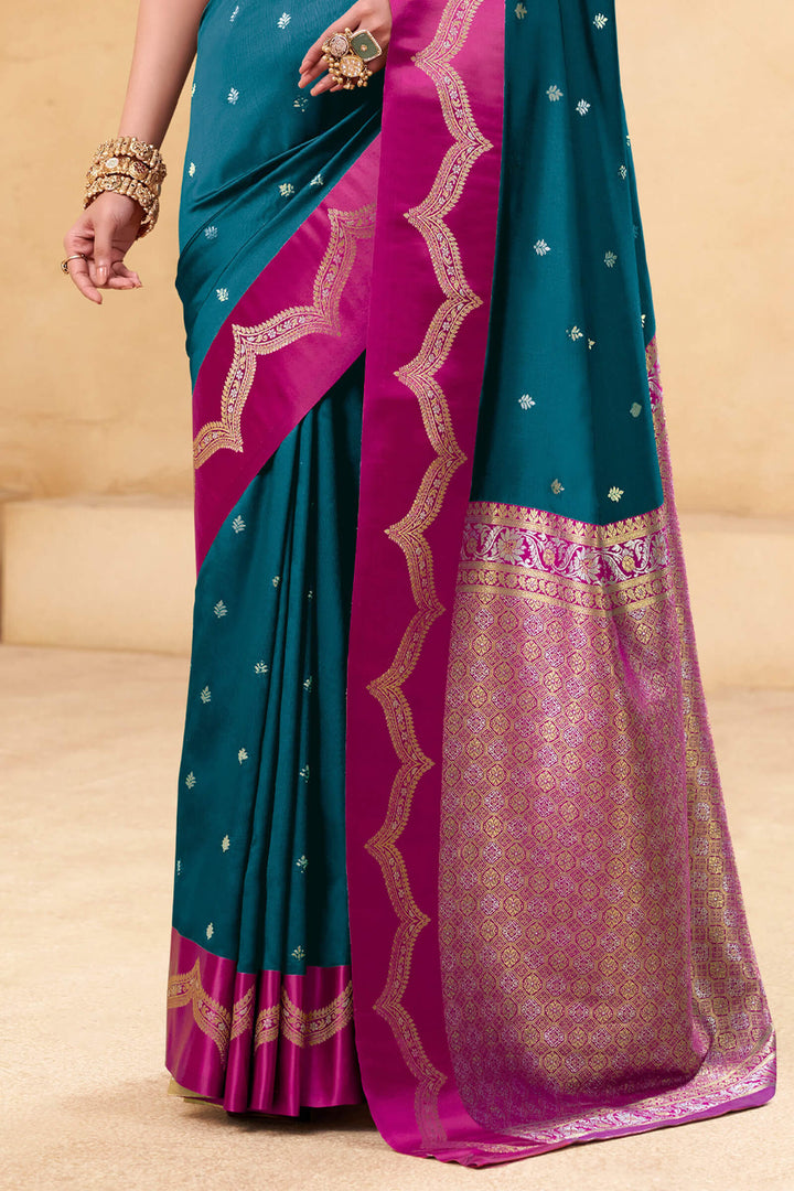 Teal Blue Banarasi Satin Silk Saree