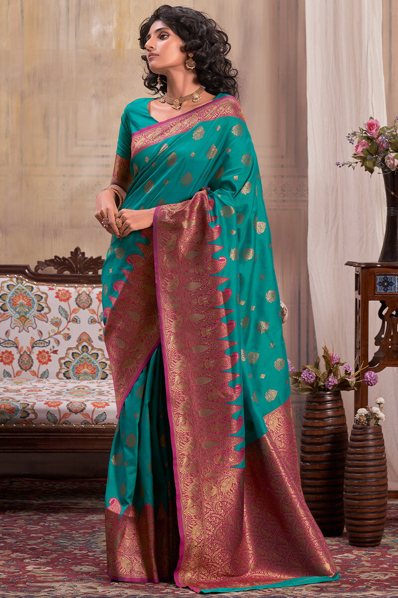 Teal Blue Banarasi Silk Saree