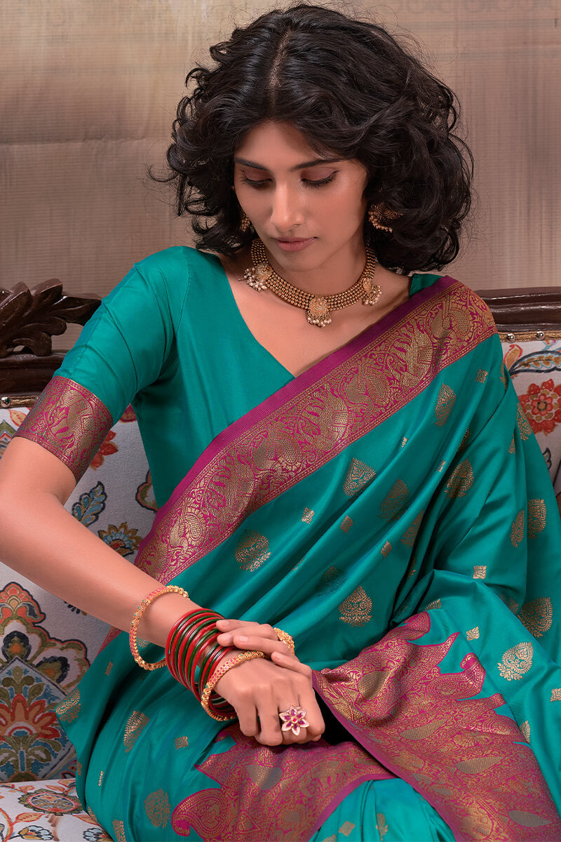 Teal Blue Banarasi Silk Saree