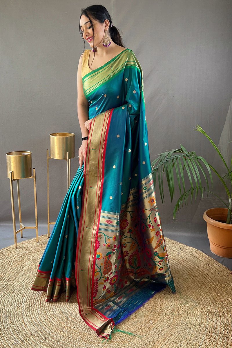 Teal Blue Paithani Silk Saree