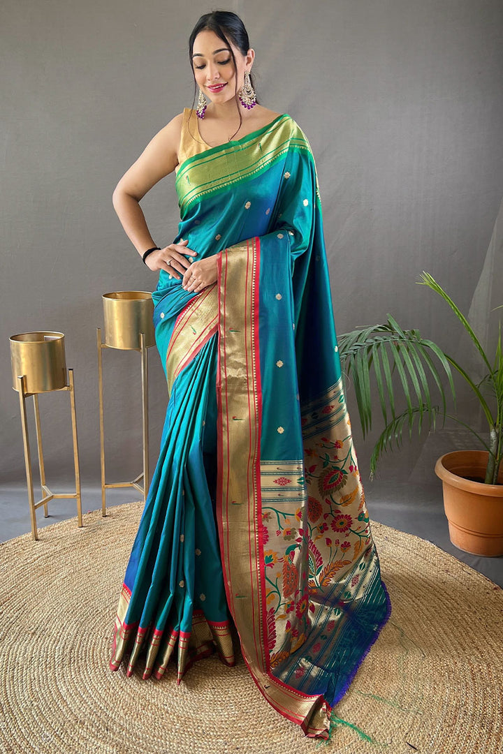 Teal Blue Paithani Silk Saree