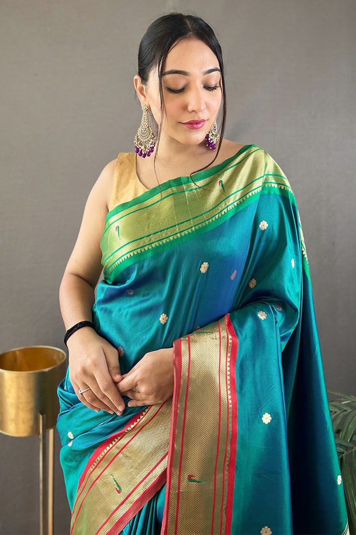 Teal Blue Paithani Silk Saree