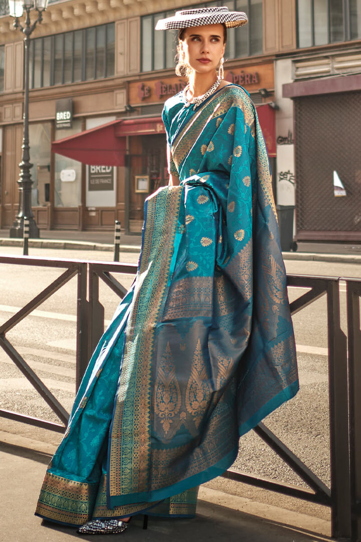 Teal Blue Soft Banarasi Silk Saree