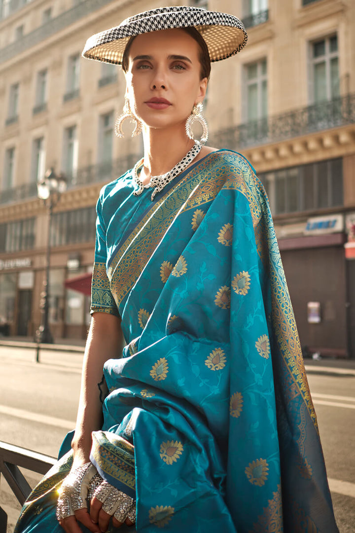 Teal Blue Soft Banarasi Silk Saree