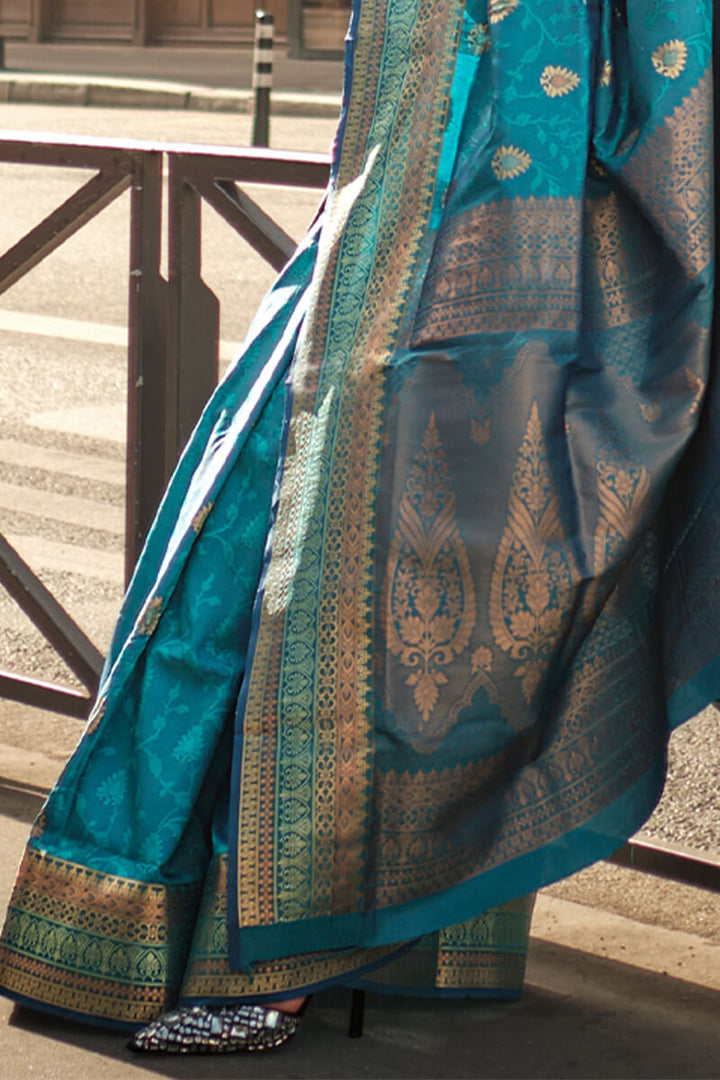 Teal Blue Soft Banarasi Silk Saree